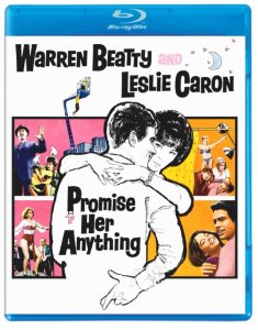 Blu-ray cover of the film "Promise Her Anything" featuring Warren Beatty and Leslie Caron, with illustrated and photographic scenes from the movie.