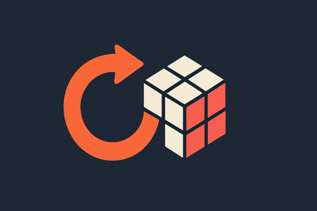 A simplified illustration of a red and white Rubik's cube with an orange circular arrow wrapping around it, set against a dark background.