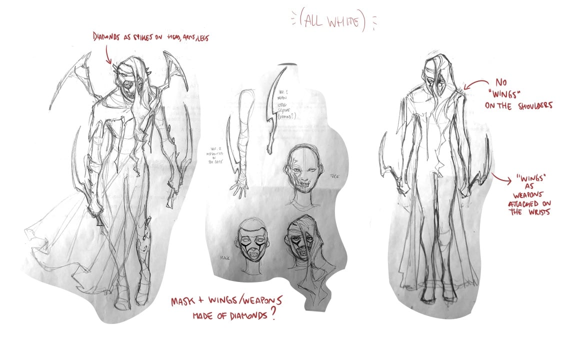 Three pencil sketches of a hooded, humanoid figure with wing-like structures and scythe-like weapons, annotated with design notes about diamond features and masks.
