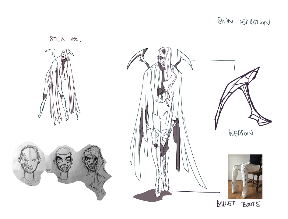 Concept art of a tall, humanoid character with wing-like cape, ballet boots, and a large scythe-shaped weapon; includes head sketches, weapon, and boot reference photos.