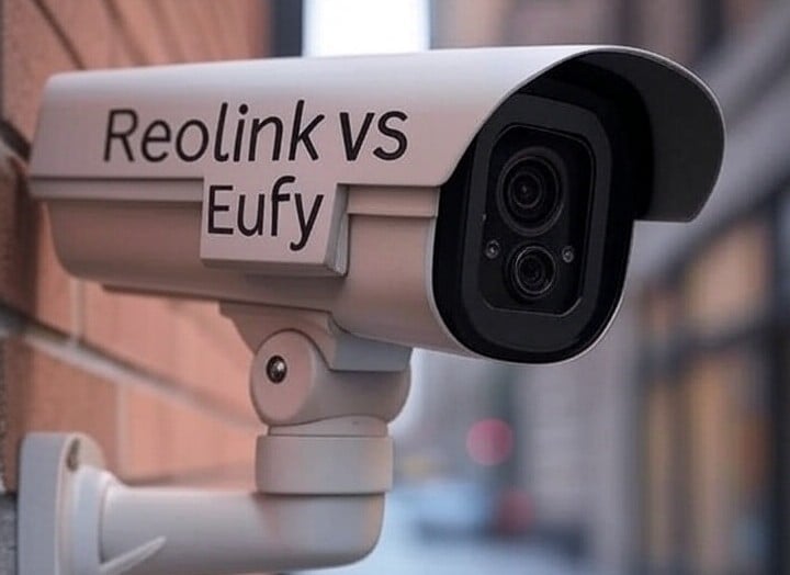A security camera is mounted on a wall, with the words "Reolink vs Eufy" labeled on its side.