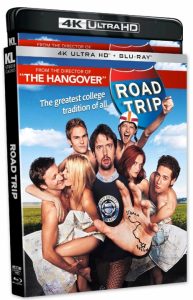4K Ultra HD and Blu-ray cover for the comedy film "Road Trip," featuring a group of young adults posing together in a playful manner.
