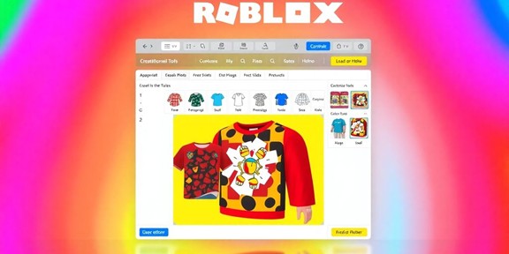 A computer screen displays the Roblox clothing creator tool, showing a custom-designed shirt with a colorful background.