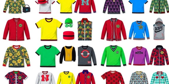 A collection of colorful children's clothing items, including shirts, jackets, sweaters, and accessories, arranged in a grid against a white background.