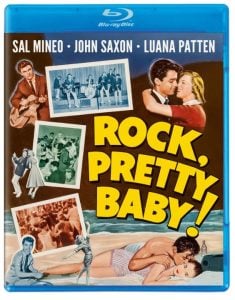 Blu-ray cover of "Rock, Pretty Baby!" featuring actors, musical scenes, and dancing, with bold yellow title text and cast names Sal Mineo, John Saxon, and Luana Patten.