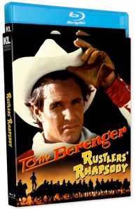 Blu-ray case for the film "Rustlers' Rhapsody" featuring Tom Berenger in a cowboy hat, with silhouettes of horse riders at the bottom.