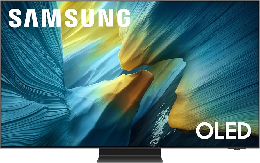 Samsung OLED TV displaying abstract blue and yellow artwork, with "SAMSUNG" and "OLED" text visible on the screen.