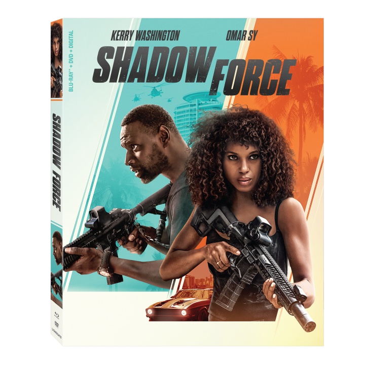 Blu-ray box cover for "Shadow Force" featuring Kerry Washington and Omar Sy holding rifles, with an action scene and city backdrop in orange and blue tones.