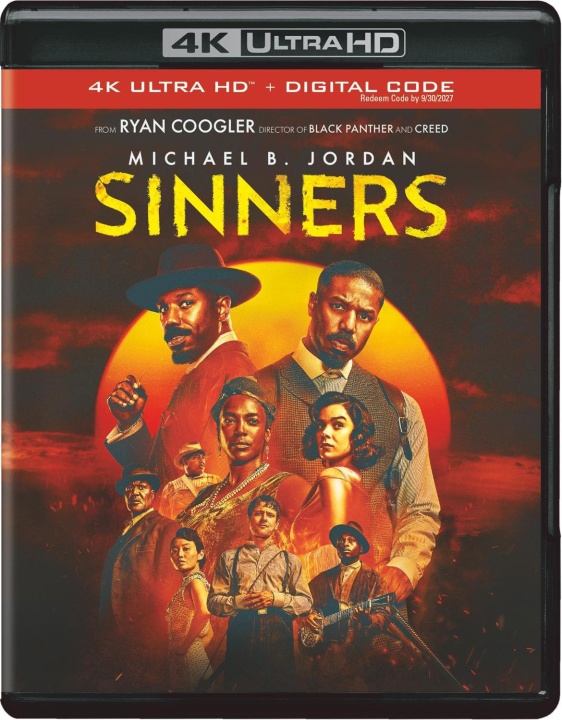 A 4K Ultra HD movie cover for "Sinners," featuring Michael B. Jordan and a cast in period attire against a dramatic orange background with a large sun.