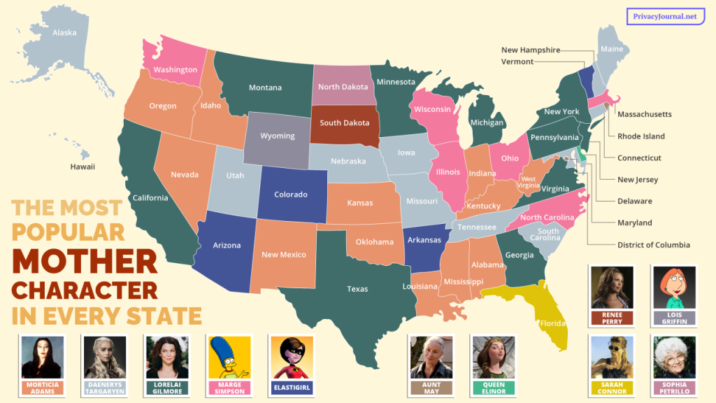 A color-coded U.S. map shows each state’s most popular fictional mother character, with images of eight top characters displayed at the bottom.