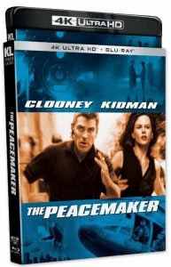 4K Ultra HD Blu-ray cover of "The Peacemaker" featuring George Clooney and Nicole Kidman running, with action scenes in the background.