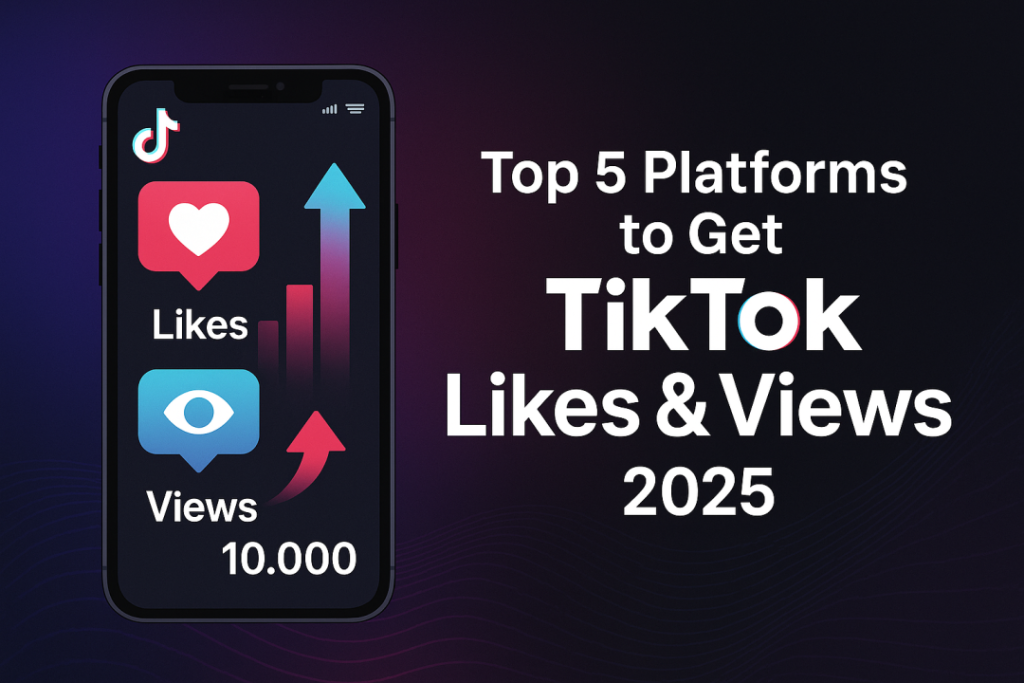 A smartphone displays TikTok icons for likes and views with upward arrows. Text reads: "Top 5 Platforms to Get TikTok Likes & Views 2025" and "10,000" under the views icon.