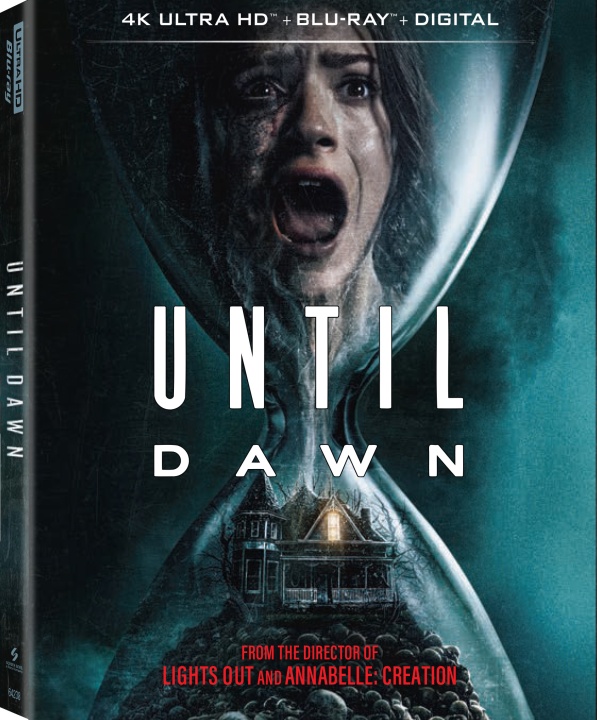A distressed woman is trapped inside an hourglass above a house, with "Until Dawn" written across the image; the cover also mentions 4K Ultra HD, Blu-ray, and Digital formats.