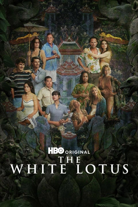 A group of people poses in front of a stylized, tropical resort backdrop with "HBO Original The White Lotus" text at the bottom.