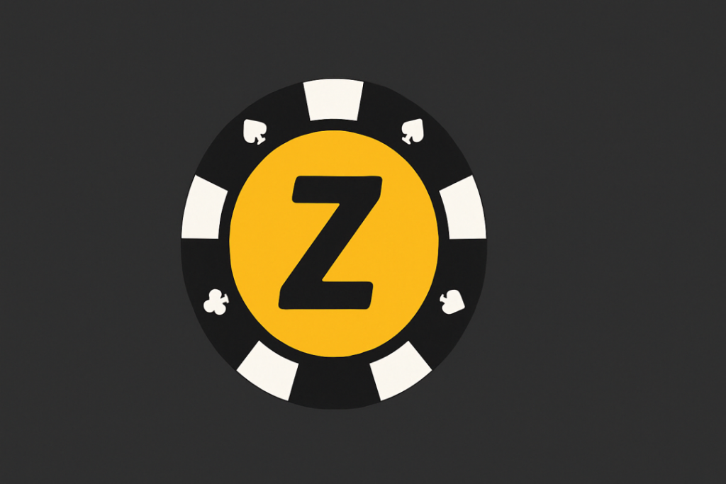 A black and white poker chip with a yellow center featuring a bold black letter "Z" and small card suit symbols around the edge on a dark background.