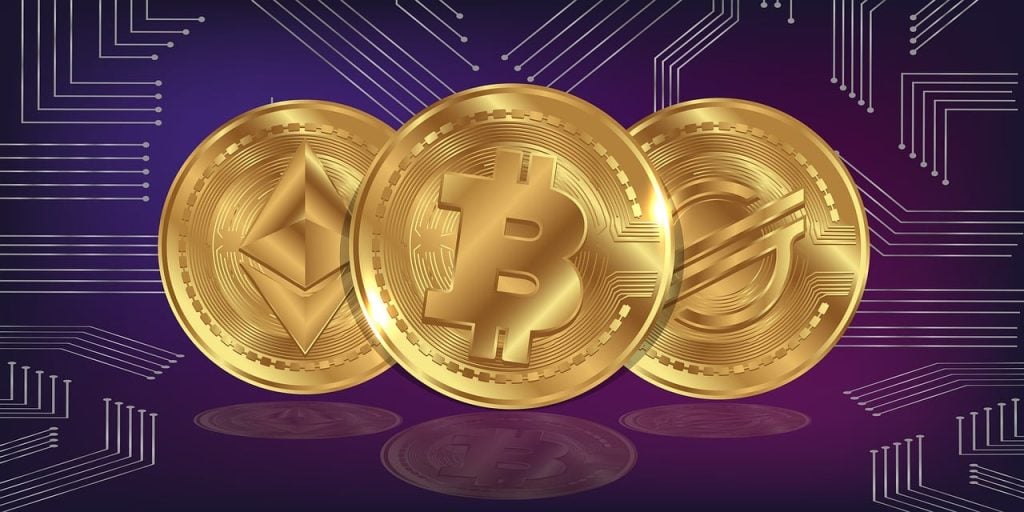 Three gold coins displaying the logos of Ethereum, Bitcoin, and Stellar are shown against a purple background with a circuit pattern.