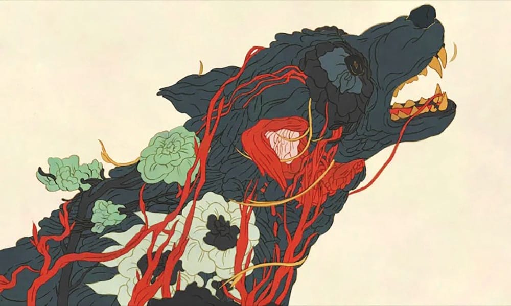 Illustration of a wolf-like creature with black fur, exposed red veins, flowers growing from its body, and its mouth open, showing sharp teeth against a light background.