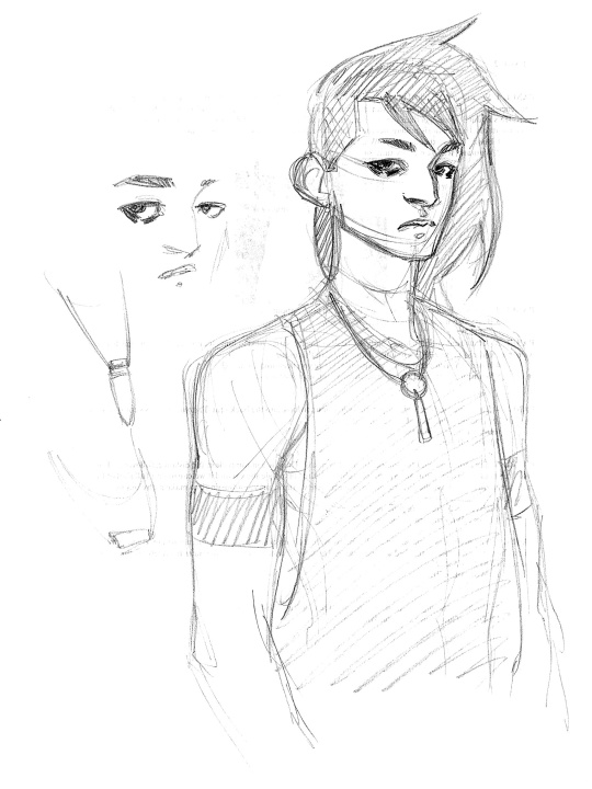Pencil sketch of a young person with asymmetrical hair, wearing a t-shirt and necklace, with a close-up of their face and necklace to the left.