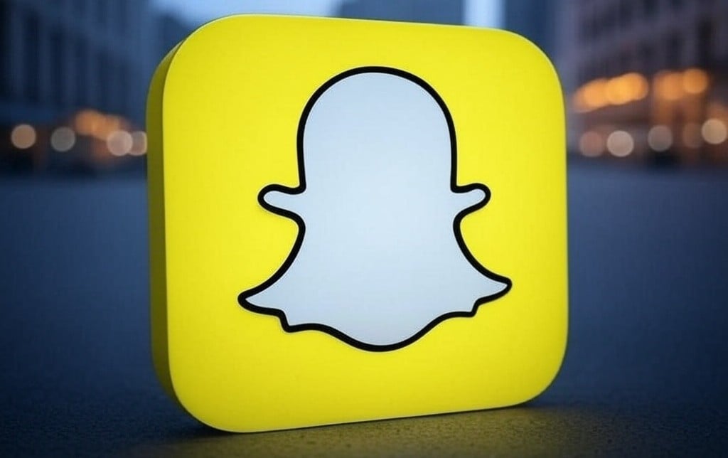A 3D-rendered Snapchat logo featuring a white ghost outline on a yellow square background, placed outdoors with blurred buildings in the distance.