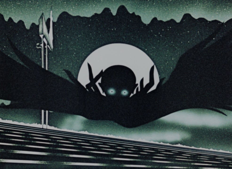 A dark, shadowy figure with glowing eyes hovers in front of a large moon, set against a mountainous landscape and a structure with tall vertical elements.
