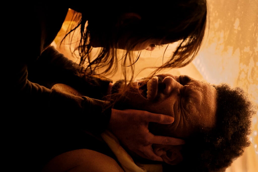 A person with wet hair grips another person's face as they scream in pain under warm, dim lighting.
