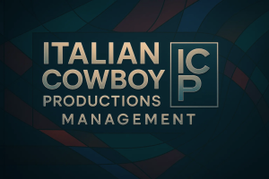 Logo for Italian Cowboy Productions Management featuring the acronym ICP in a box, with a geometric background of dark blue and red shapes.