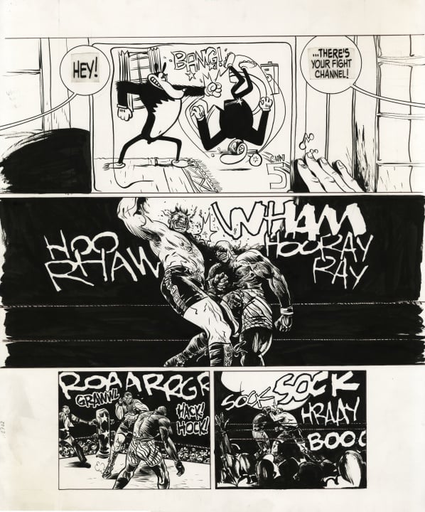 A person watches TV showing a cartoon fight, then two muscular men box in a ring as loud sound effects like "WHAM" and "SOCK" fill the scene.