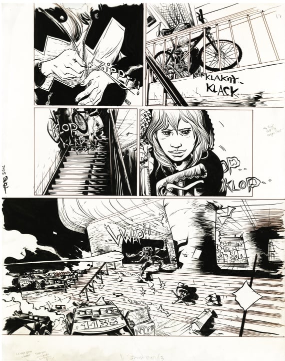 A person opens an envelope, walks up stairs, and is then seen running through a busy area as others react in surprise; the scene is illustrated in black and white comic style.