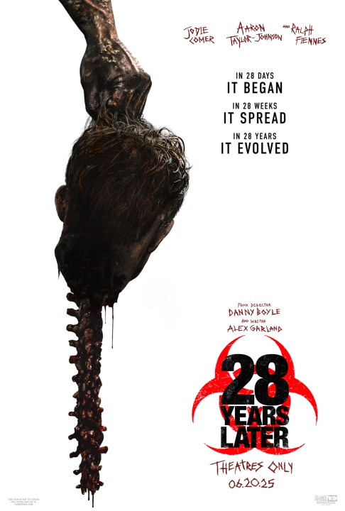 A severed human head with an exposed spine hangs vertically on a white background; the poster text reads "28 Years Later" with a release date of 06.20.25.