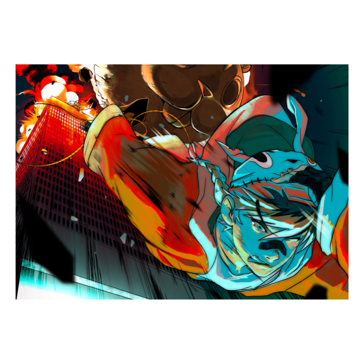 A dynamic anime-style character in an orange outfit leaps from a tall building, with explosions and a large creature in the background.