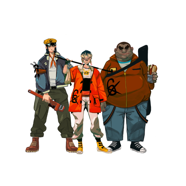 Three animated characters stand side by side: one holding a wrench, one with blond hair wearing a red jacket, and one larger character holding a sandwich and a guitar case.