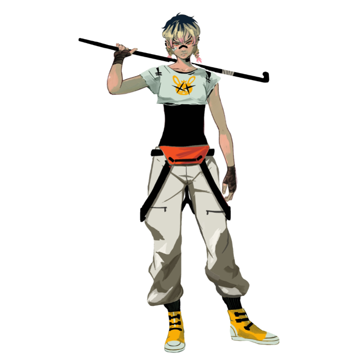 Animated character with short two-tone hair holds a black staff over one shoulder, wearing a white shirt, beige pants, orange fanny pack, and yellow high-top sneakers.