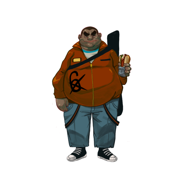 A cartoon character in an orange jacket, grey pants, and black sneakers holds a sandwich and a drink, with a guitar case slung over one shoulder.