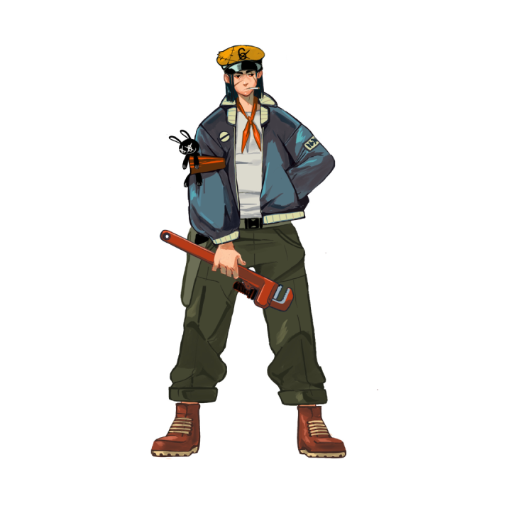 An illustrated character wearing a blue jacket, green pants, brown boots, yellow hat, and orange scarf, holding a large red pipe wrench, with a small mechanical rabbit on their arm.