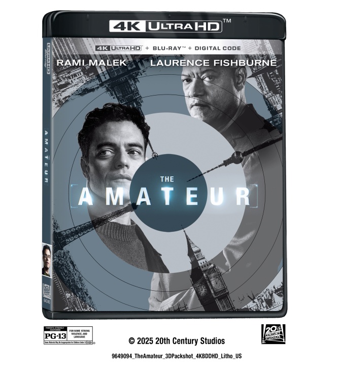 4K Ultra HD Blu-ray cover for "The Amateur" featuring split images of Rami Malek and Laurence Fishburne, with the Eiffel Tower in the background.