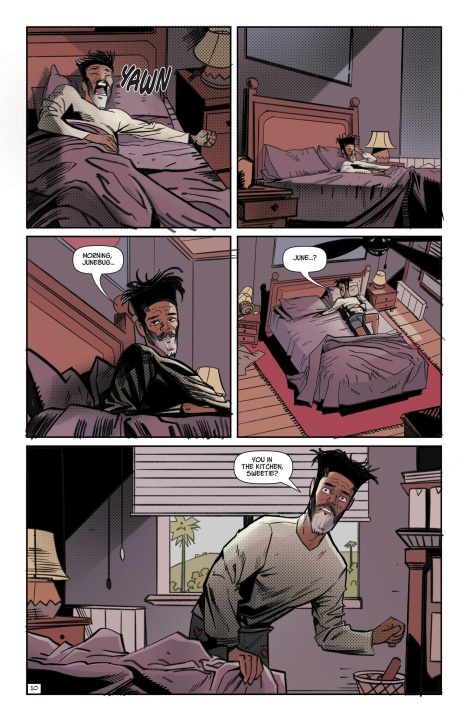A man wakes up alone in bed, yawns, looks confused, calls out for "June," and then sits up, appearing concerned as he looks around the empty bedroom.