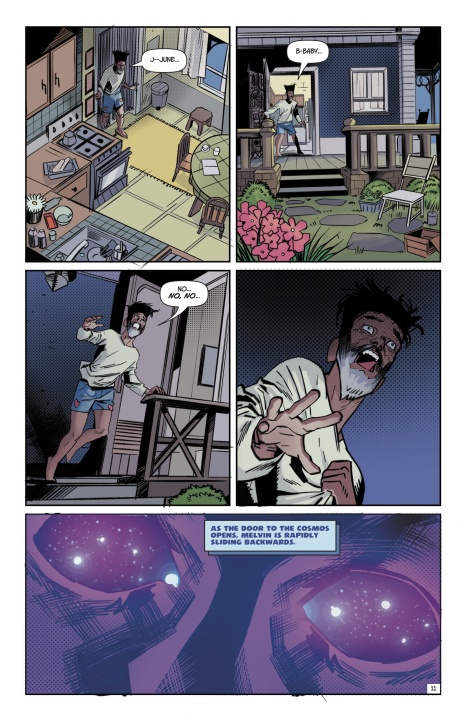 A man urgently searches a house and porch for someone named June, growing increasingly distressed, as a final panel shows glowing eyes accompanied by ominous narration.
