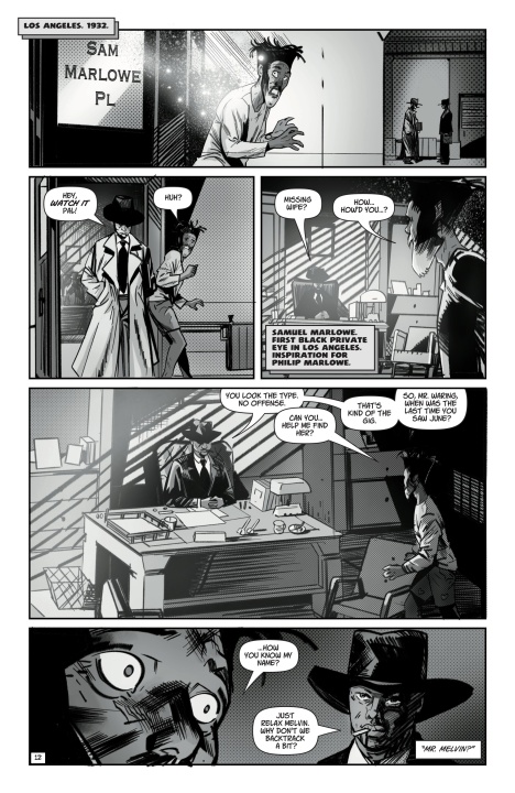 A black-and-white comic page set in 1932 Los Angeles shows a tense conversation between two men in an office, with dramatic shadows and dialogue about a missing person.