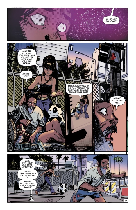 A comic page showing a woman and a man interacting with a homeless person on a city street; the man looks startled and begins to run while the woman stands by a dog.