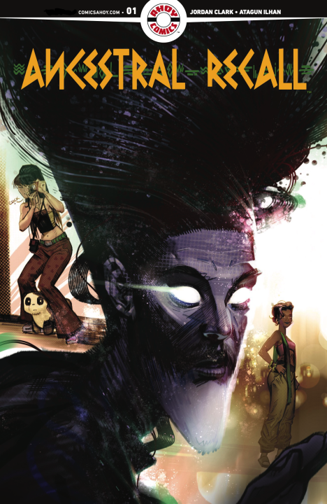 Comic book cover titled "Ancestral Recall" showing a large, shadowy face in the foreground and three characters, including a woman with a panda doll, in the background.