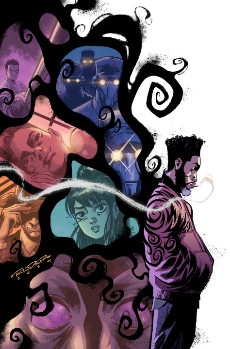 A man stands to the right with swirling black smoke connecting him to various colored faces and scenes depicted in the background.