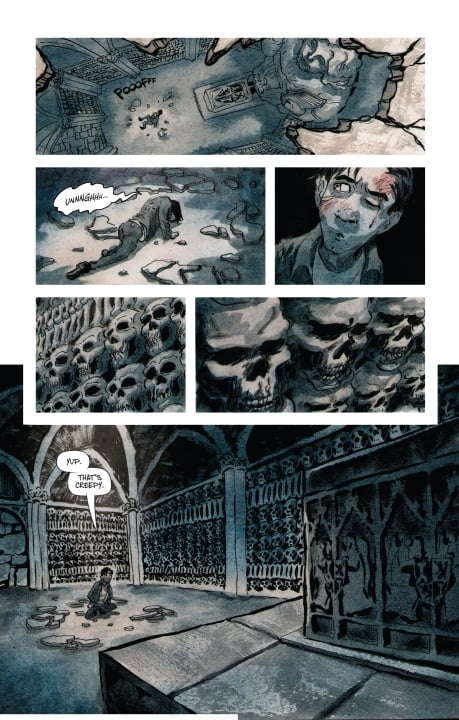 A wounded person sits on the floor of a dim, skull-lined crypt, surrounded by bones and ancient carvings, commenting, "Yup. That's creepy.