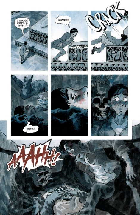 A person peers into a crypt, slips, and falls through a grate, landing in a chamber with skulls and skeletons. The person screams in shock.