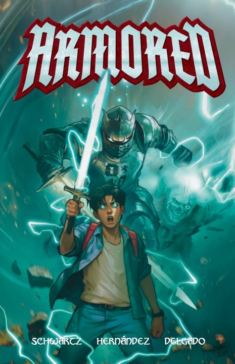 A young man holding a glowing sword stands in front of a large armored knight. The word "ARMORED" appears in bold letters above them. Lightning and debris fill the background.