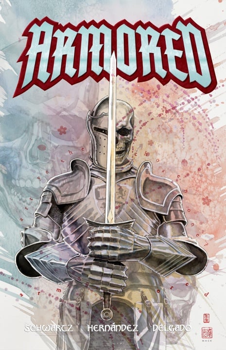 A medieval knight in dark armor holds a sword upright; the word "ARMORED" appears in bold above, with an illustrated skull faded in the background.