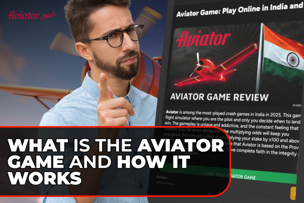 A man points at a screen displaying an Aviator game review, with the text "WHAT IS THE AVIATOR GAME AND HOW IT WORKS" in bold at the bottom.
