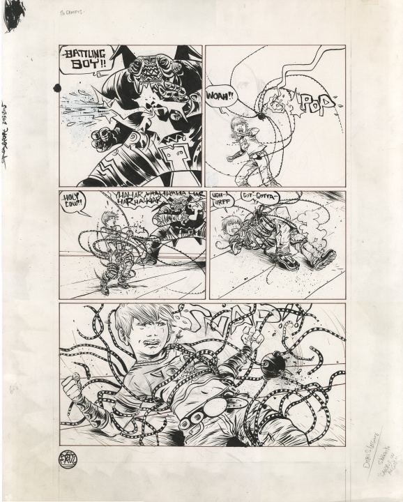 A black-and-white comic book page shows a boy in a battle suit fighting mechanical tentacles that ensnare him as he struggles to break free across five panels.
