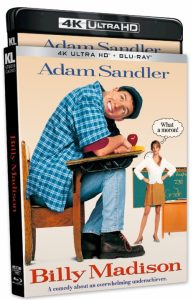 4K Ultra HD Blu-ray cover for the film "Billy Madison," featuring Adam Sandler sitting at a school desk and a teacher in a classroom setting.