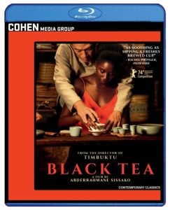 Blu-ray cover of "Black Tea" shows a man pouring tea for a woman seated at a table, with film accolades and credits listed on the cover.