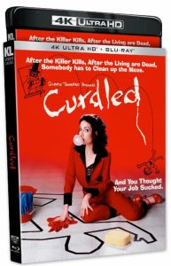 A 4K Ultra HD Blu-ray case for the film "Curdled," featuring a woman in red blowing bubblegum and sitting by a crime scene drawing on a red background.